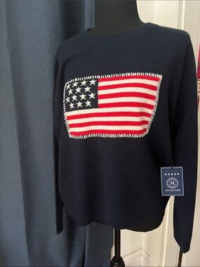 Martha Stewart Navy Crewneck Sweater with USA American Flag 100% cashmere